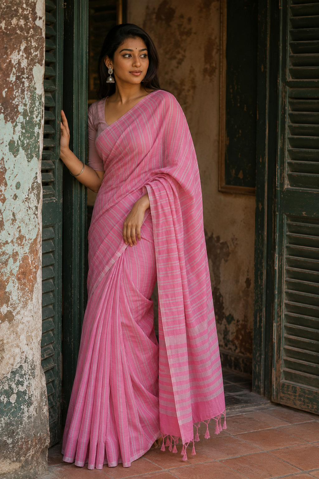 Sohini — Rose Pink Cotton Saree with Silver Stripe | Awadhalaya
