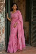 Sohini — Rose Pink Cotton Saree with Silver Stripe | Awadhalaya