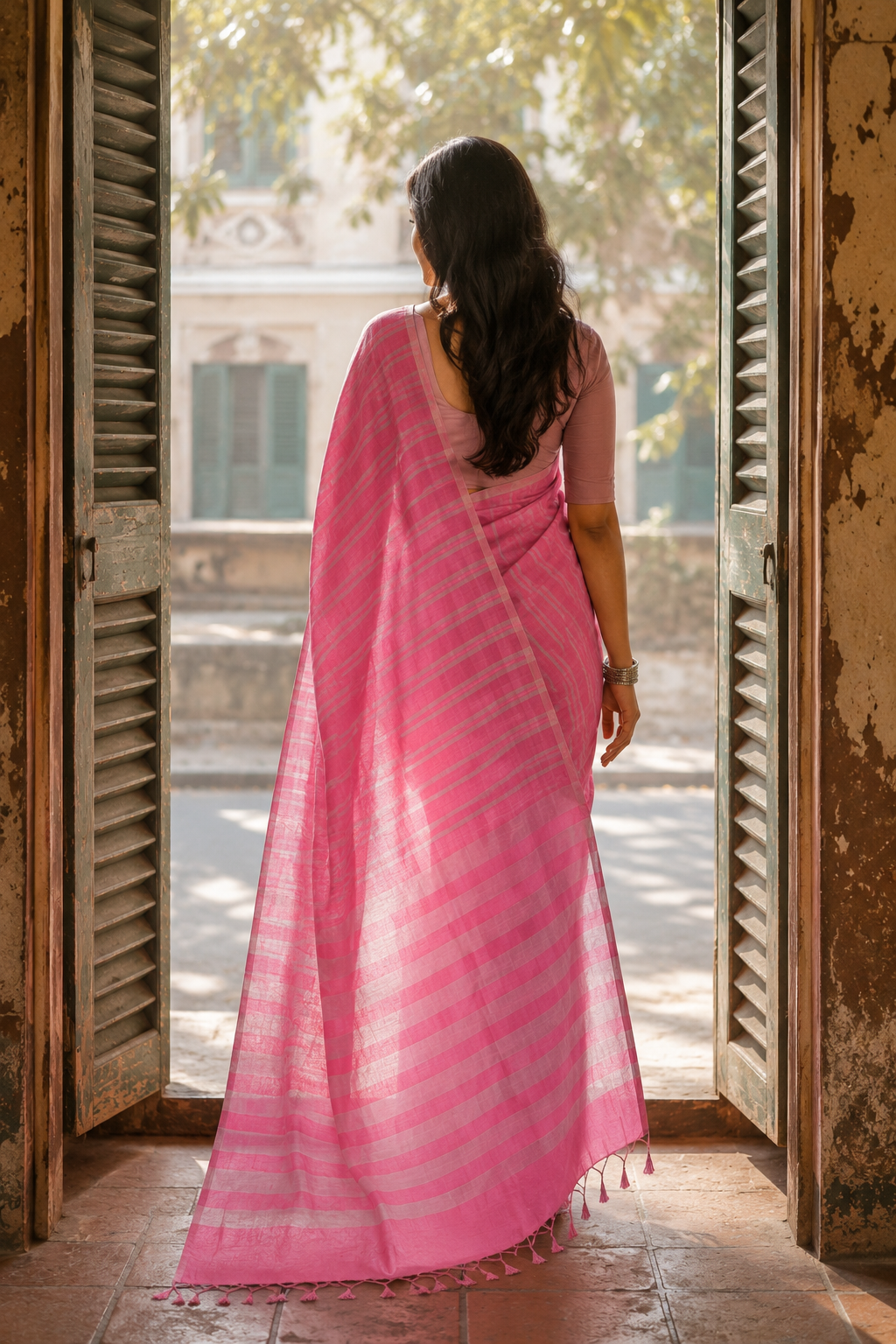 Sohini — Rose Pink Cotton Saree with Silver Stripe | Awadhalaya