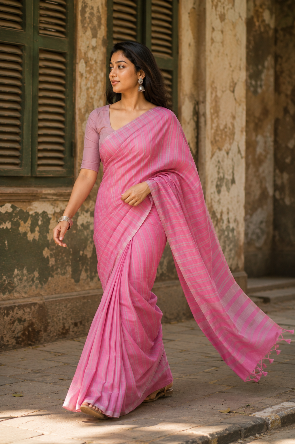 Sohini — Rose Pink Cotton Saree with Silver Stripe | Awadhalaya