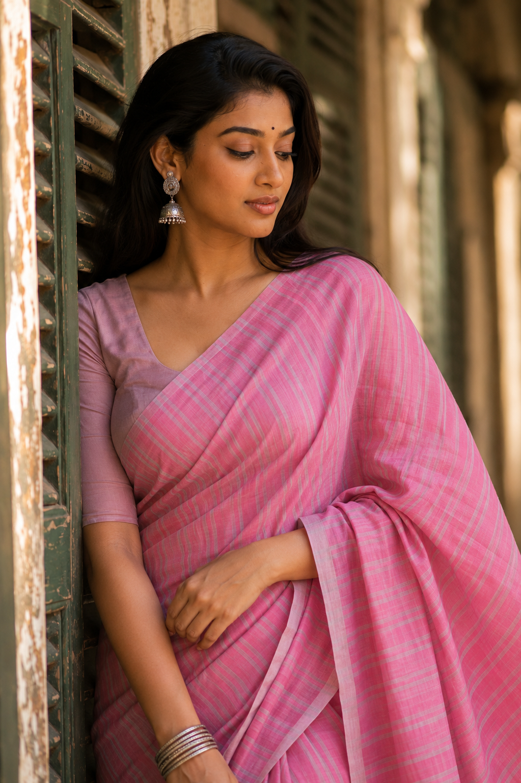 Sohini — Rose Pink Cotton Saree with Silver Stripe | Awadhalaya