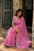 Sohini — Rose Pink Cotton Saree with Silver Stripe | Awadhalaya