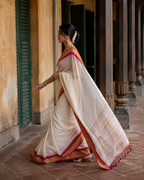Shreya — Off-White Mulmul Cotton Saree with Red Border | Awadhalaya
