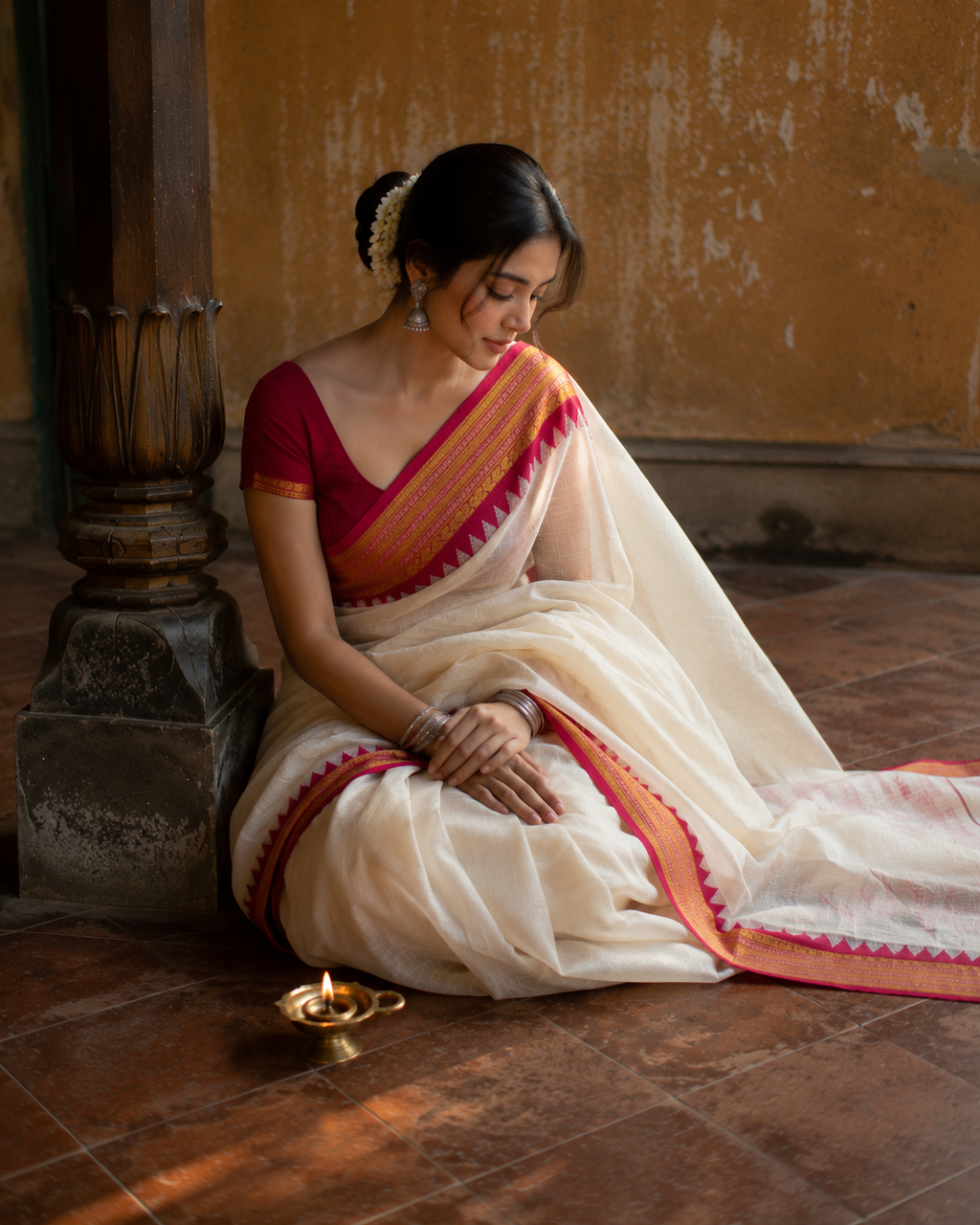 Shreya — Off-White Mulmul Cotton Saree with Red Border | Awadhalaya