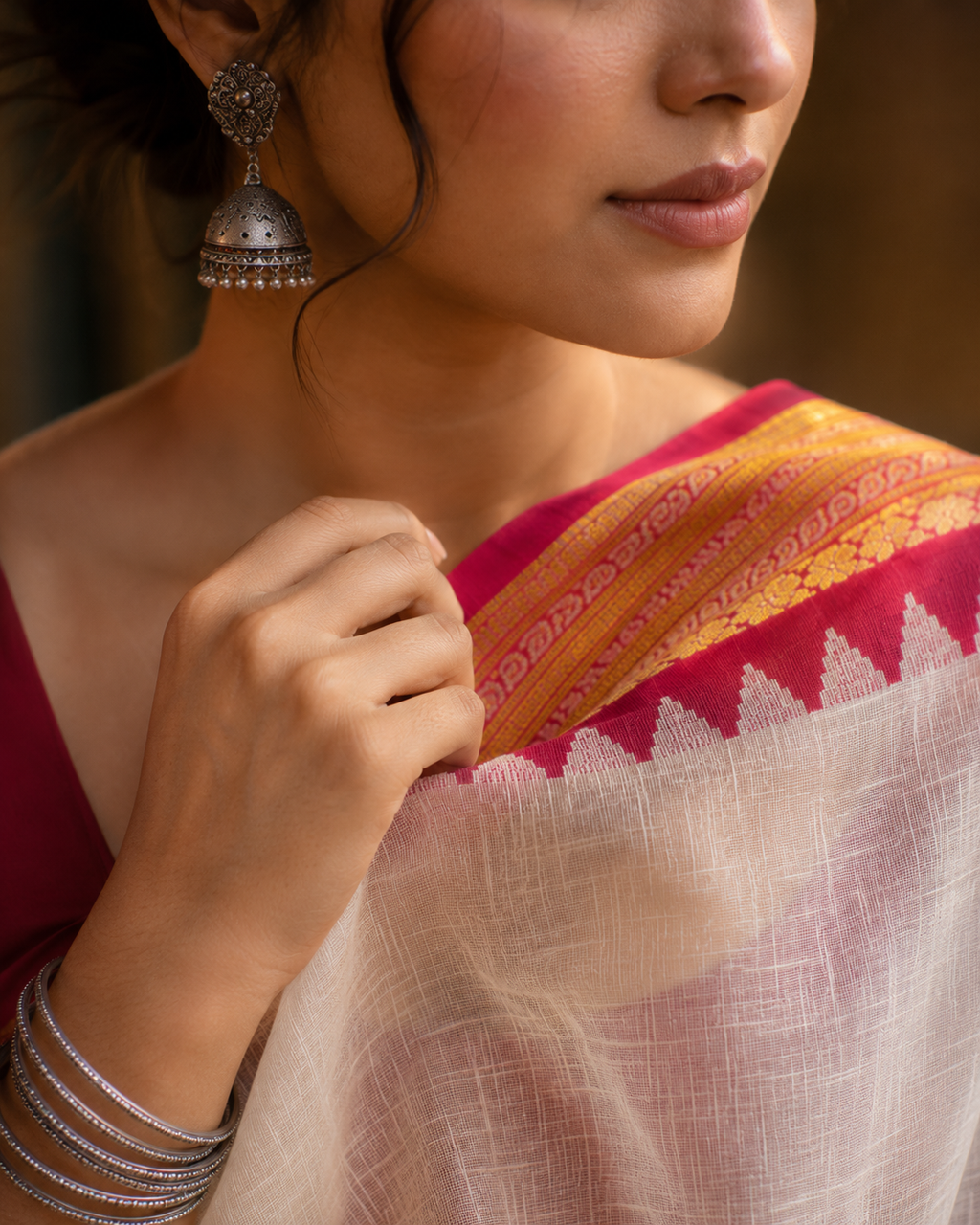 Shreya — Off-White Mulmul Cotton Saree with Red Border | Awadhalaya