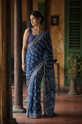 Meera — Indigo Handblock Print Cotton Saree | Awadhalaya