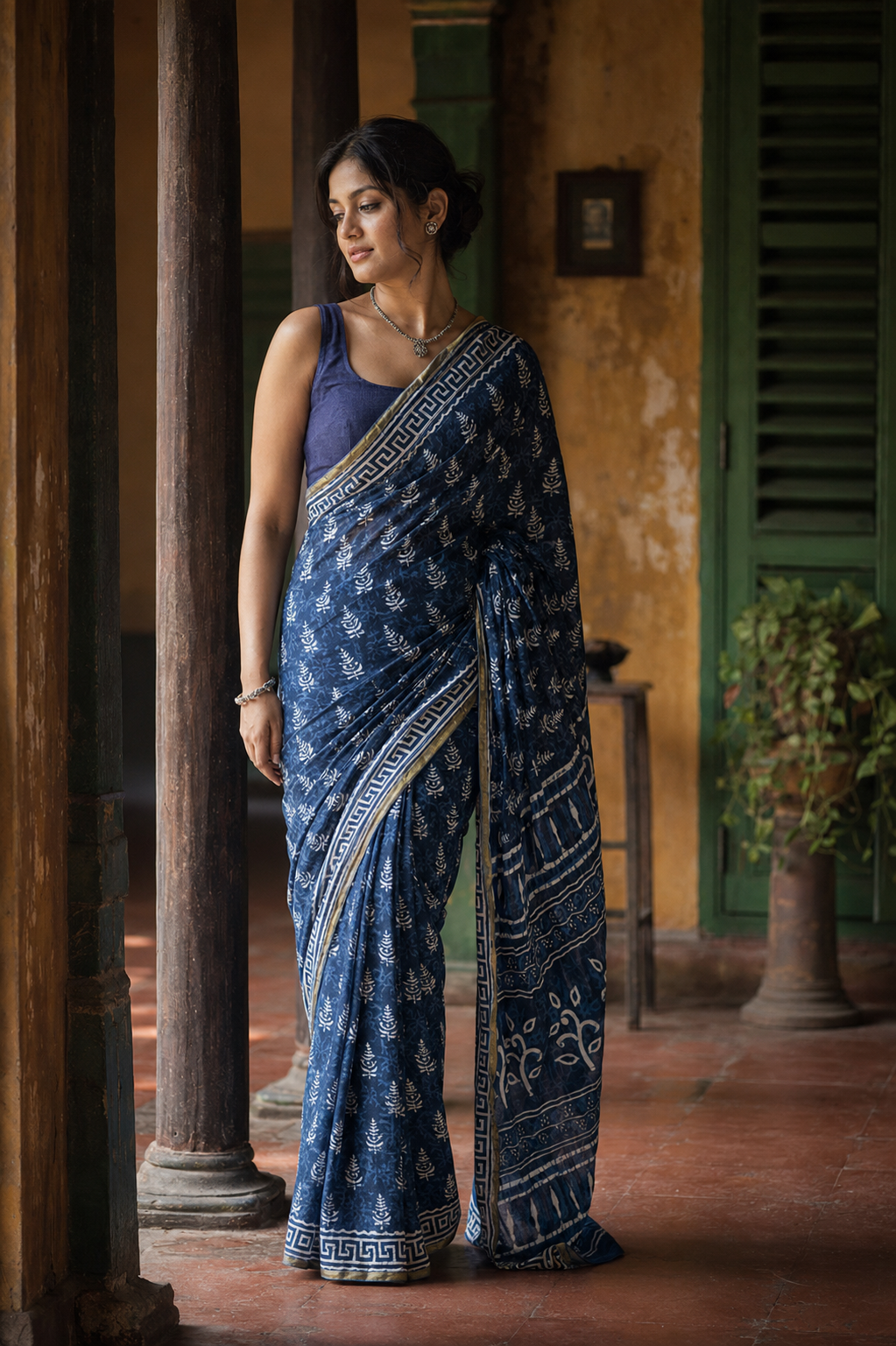 Meera — Indigo Handblock Print Cotton Saree | Awadhalaya