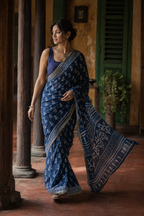 Meera — Indigo Handblock Print Cotton Saree | Awadhalaya