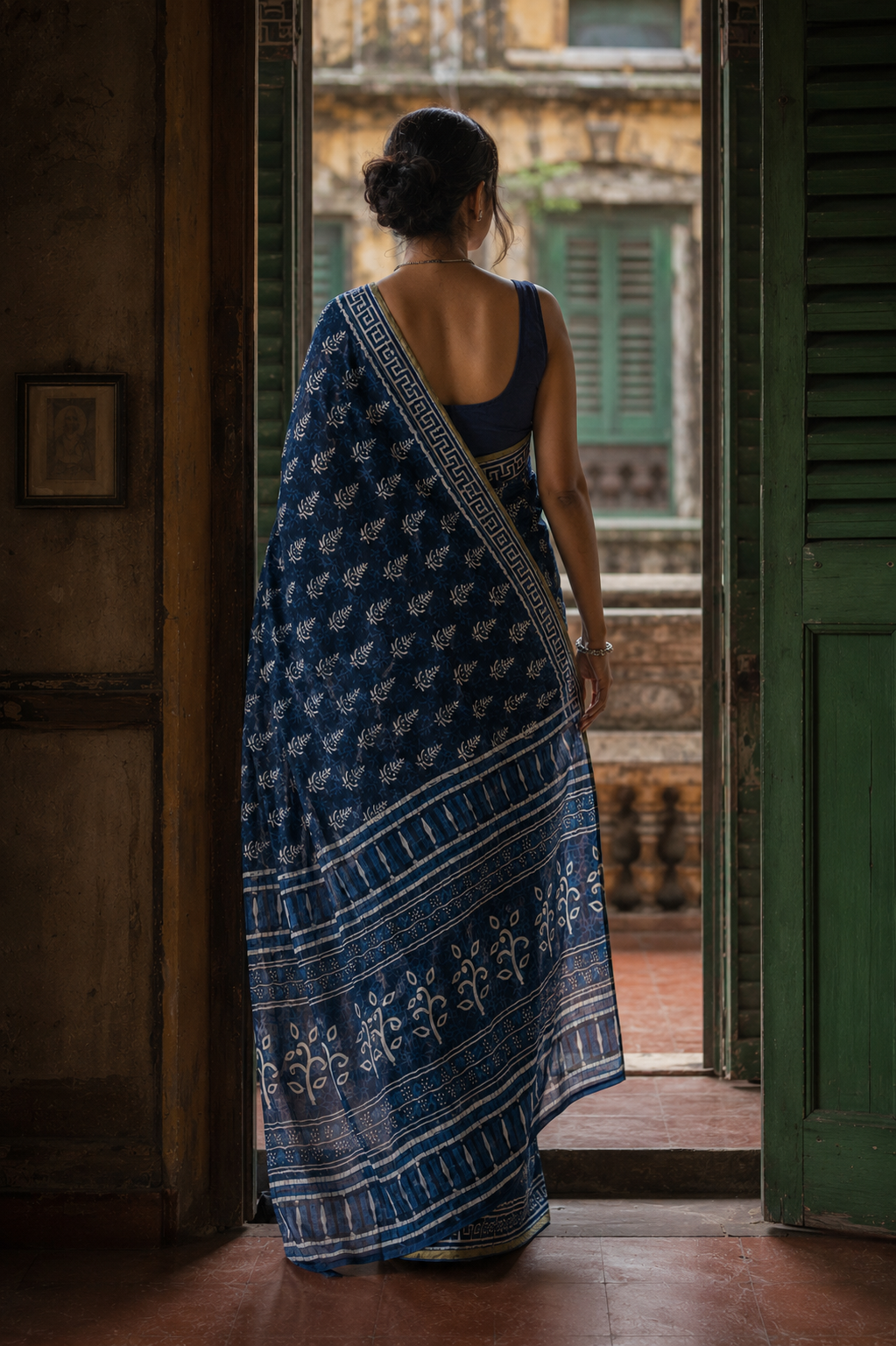 Meera — Indigo Handblock Print Cotton Saree | Awadhalaya