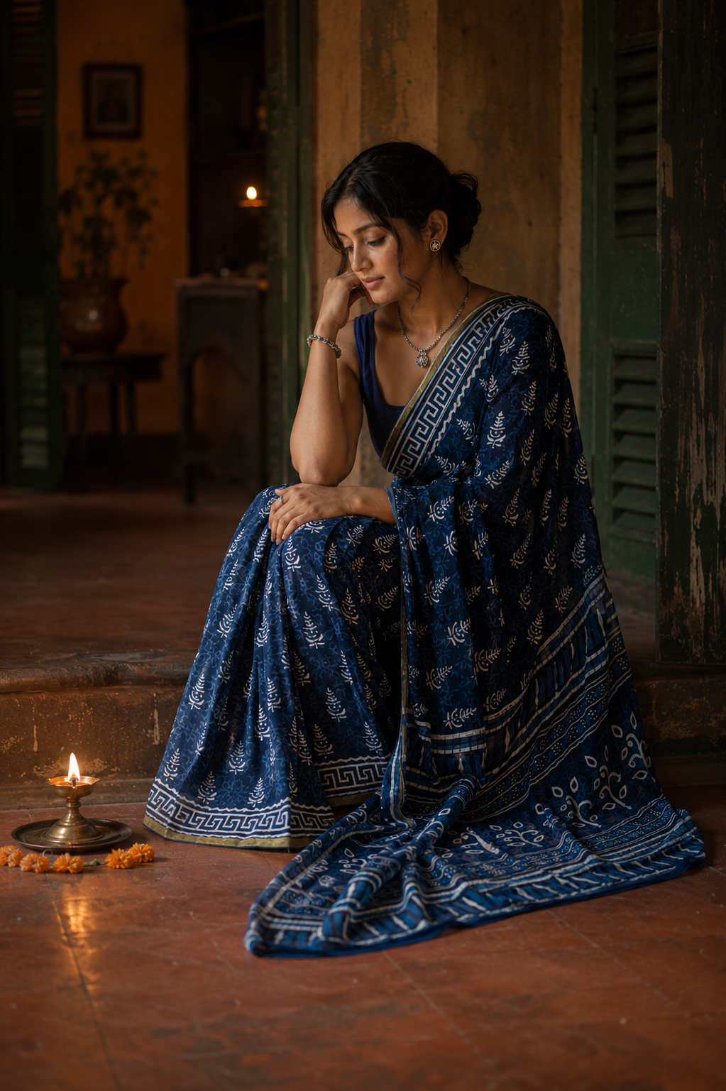 Meera — Indigo Handblock Print Cotton Saree | Awadhalaya