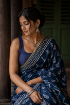 Meera — Indigo Handblock Print Cotton Saree | Awadhalaya