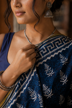Meera — Indigo Handblock Print Cotton Saree | Awadhalaya