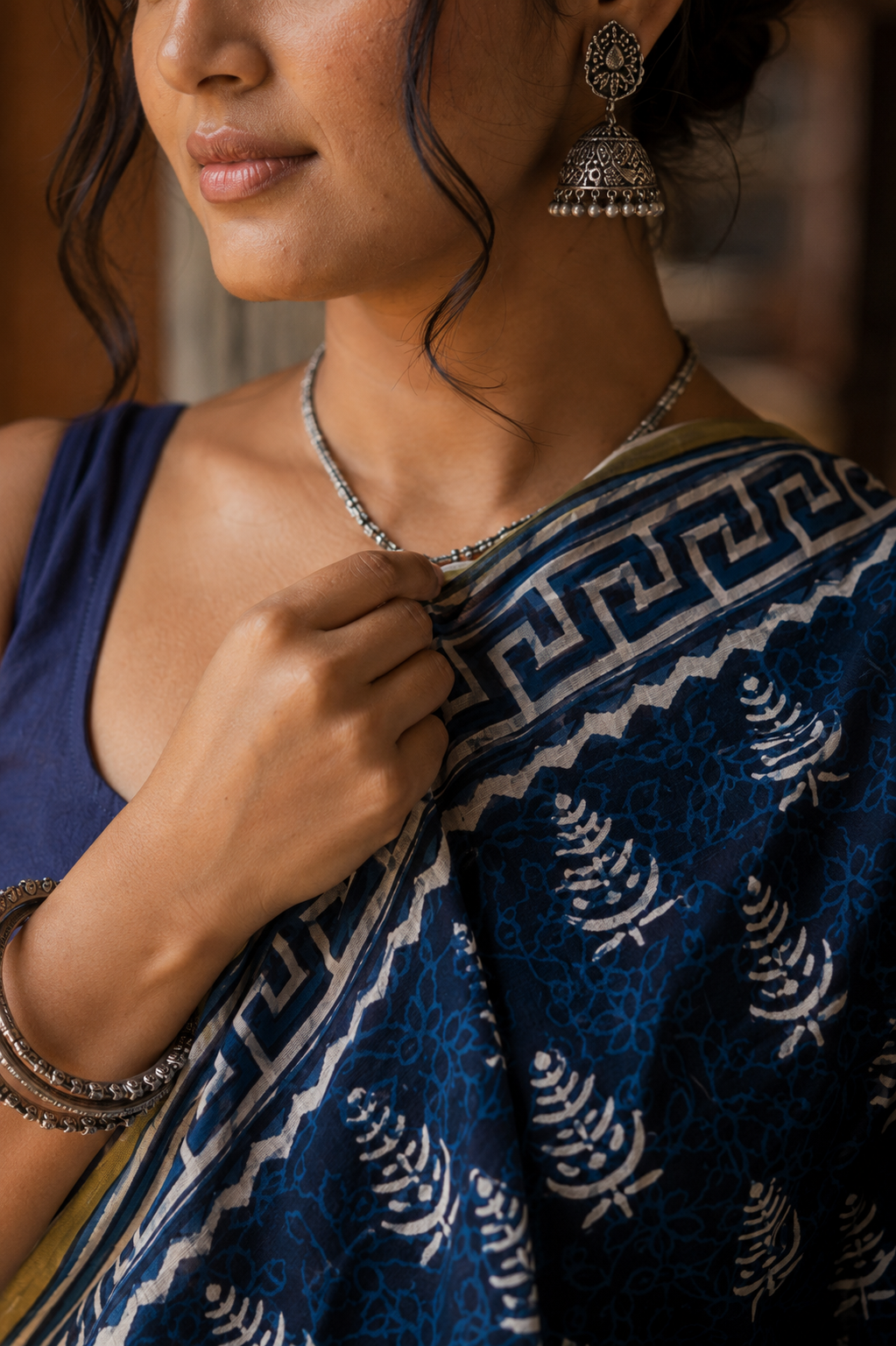 Meera — Indigo Handblock Print Cotton Saree | Awadhalaya