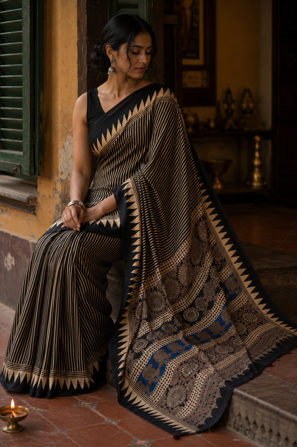 Kasturi — Black Geometric Stripe Modal Silk Saree | Awadhalaya