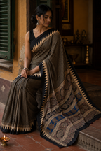 Kasturi — Black Geometric Stripe Modal Silk Saree | Awadhalaya