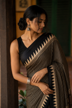 Kasturi — Black Geometric Stripe Modal Silk Saree | Awadhalaya