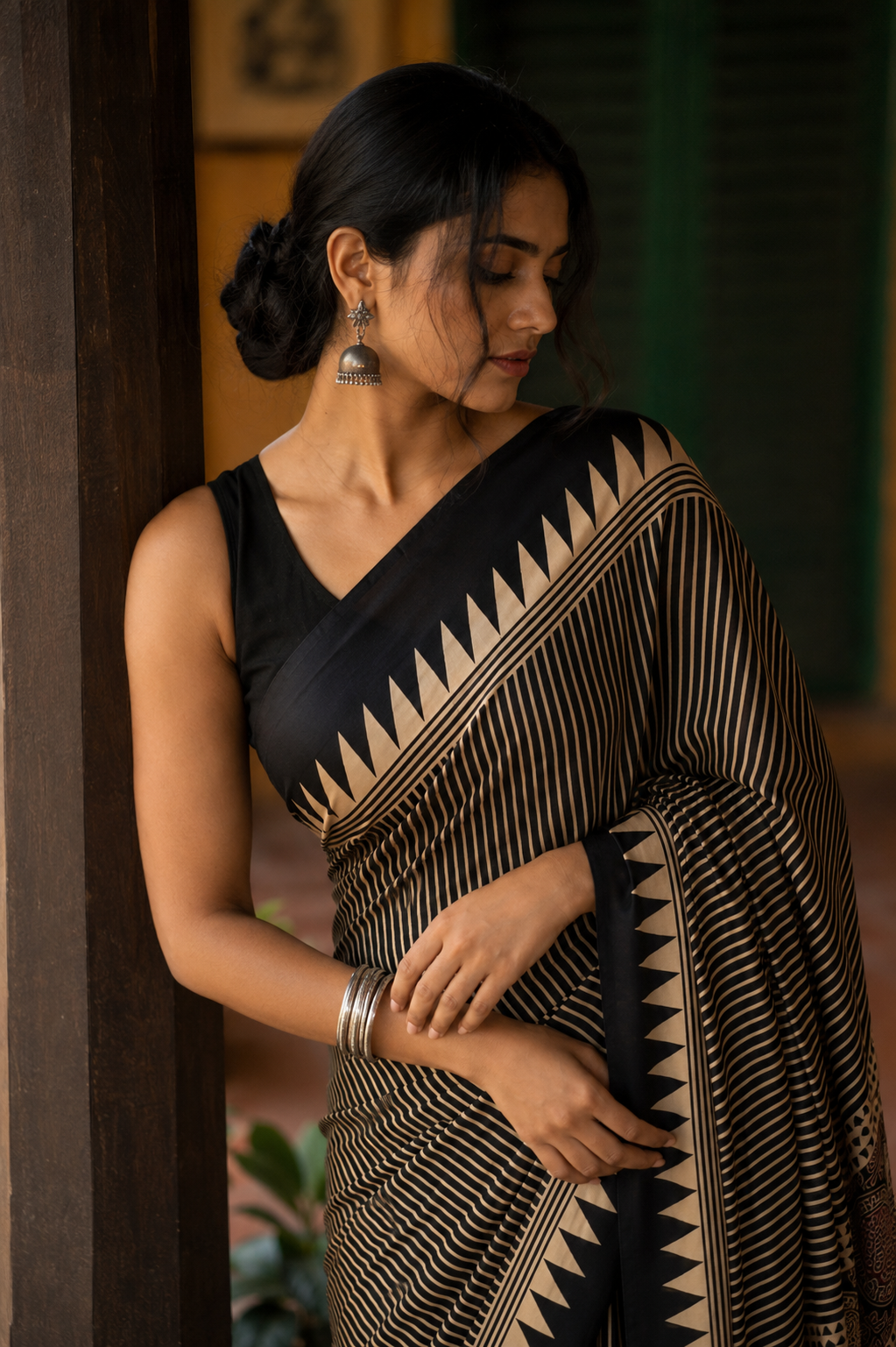 Kasturi — Black Geometric Stripe Modal Silk Saree | Awadhalaya