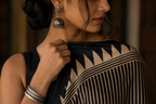 Kasturi — Black Geometric Stripe Modal Silk Saree | Awadhalaya