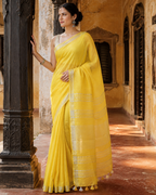 Ahana — Sunshine Yellow Linen Saree with Silver Border | Awadhalaya