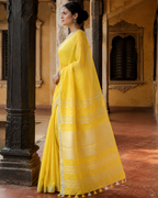 Ahana — Sunshine Yellow Linen Saree with Silver Border | Awadhalaya