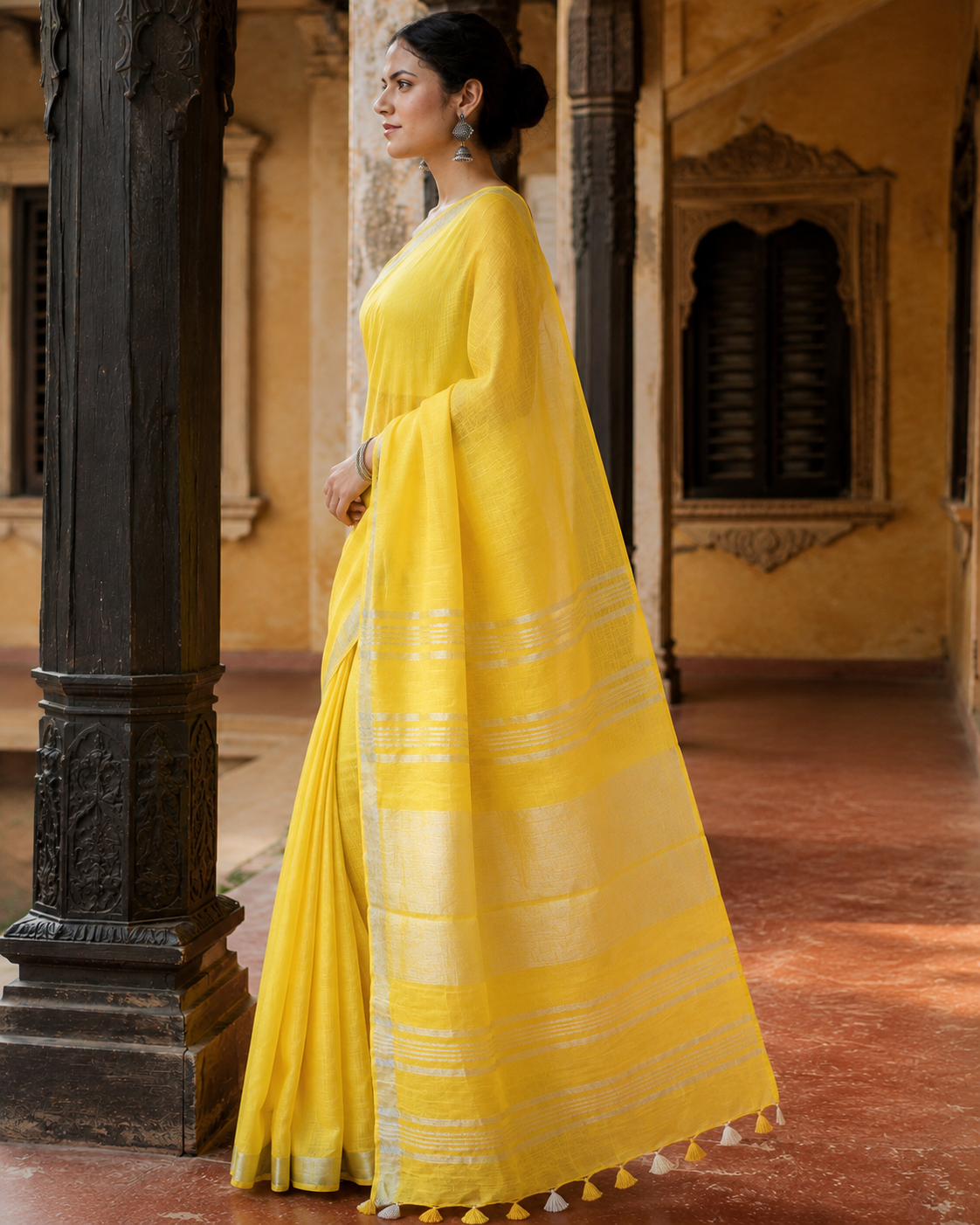 Ahana — Sunshine Yellow Linen Saree with Silver Border | Awadhalaya
