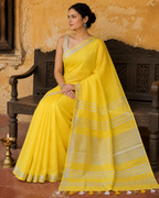 Ahana — Sunshine Yellow Linen Saree with Silver Border | Awadhalaya