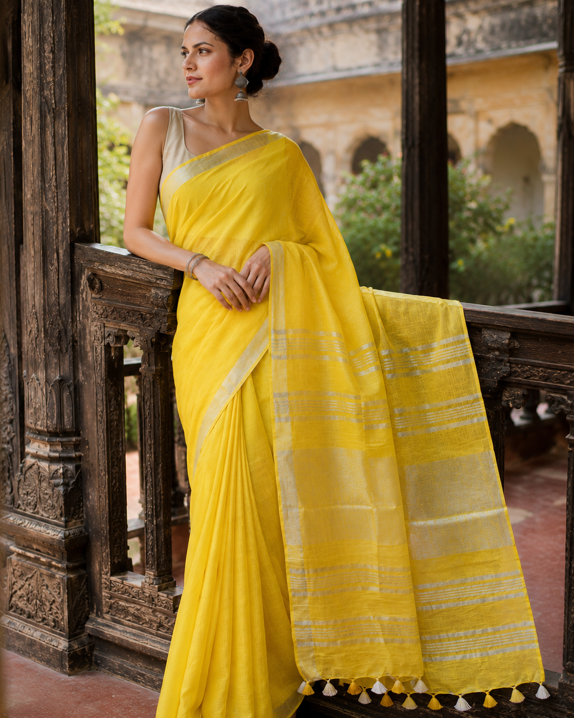 Ahana — Sunshine Yellow Linen Saree with Silver Border | Awadhalaya
