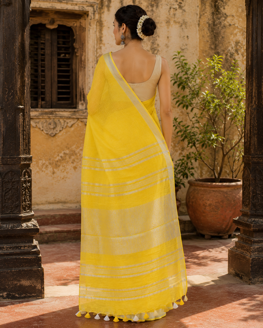 Ahana — Sunshine Yellow Linen Saree with Silver Border | Awadhalaya