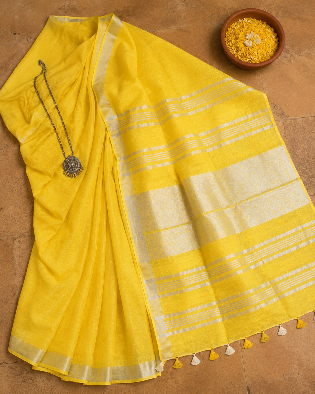 Ahana — Sunshine Yellow Linen Saree with Silver Border | Awadhalaya