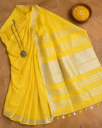 Ahana — Sunshine Yellow Linen Saree with Silver Border | Awadhalaya