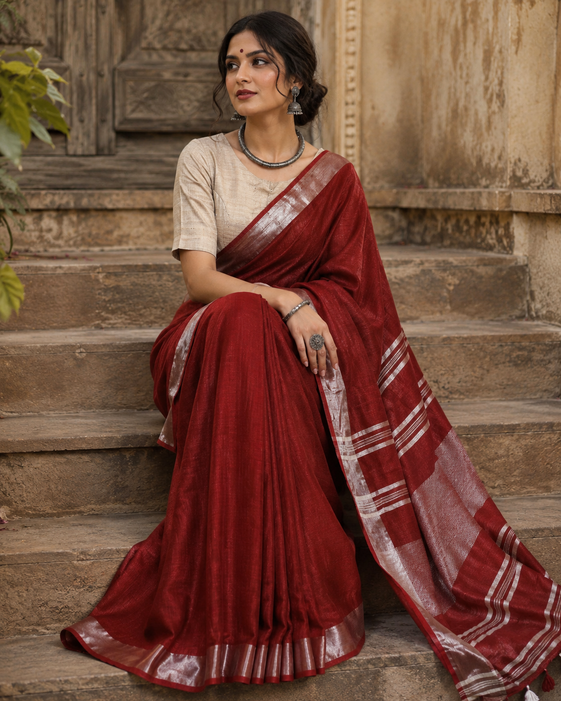 Rohini — Crimson Red Linen-Cotton Saree with Silver Border | Awadhalaya