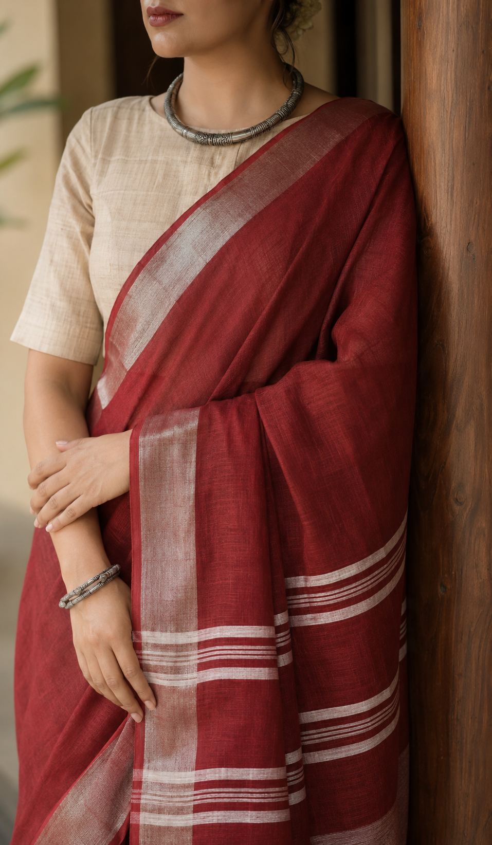 Rohini — Crimson Red Linen-Cotton Saree with Silver Border | Awadhalaya