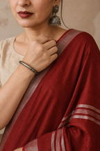 Rohini — Crimson Red Linen-Cotton Saree with Silver Border | Awadhalaya