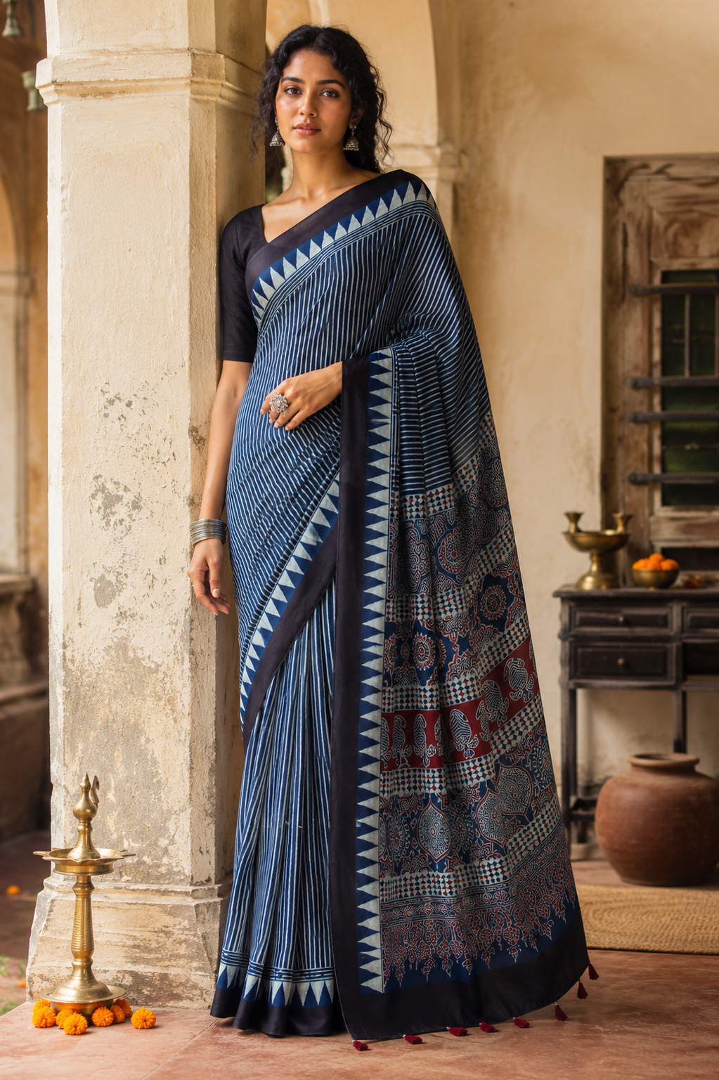Neelambari — Indigo Ajrak-Inspired Modal Saree | Awadhalaya