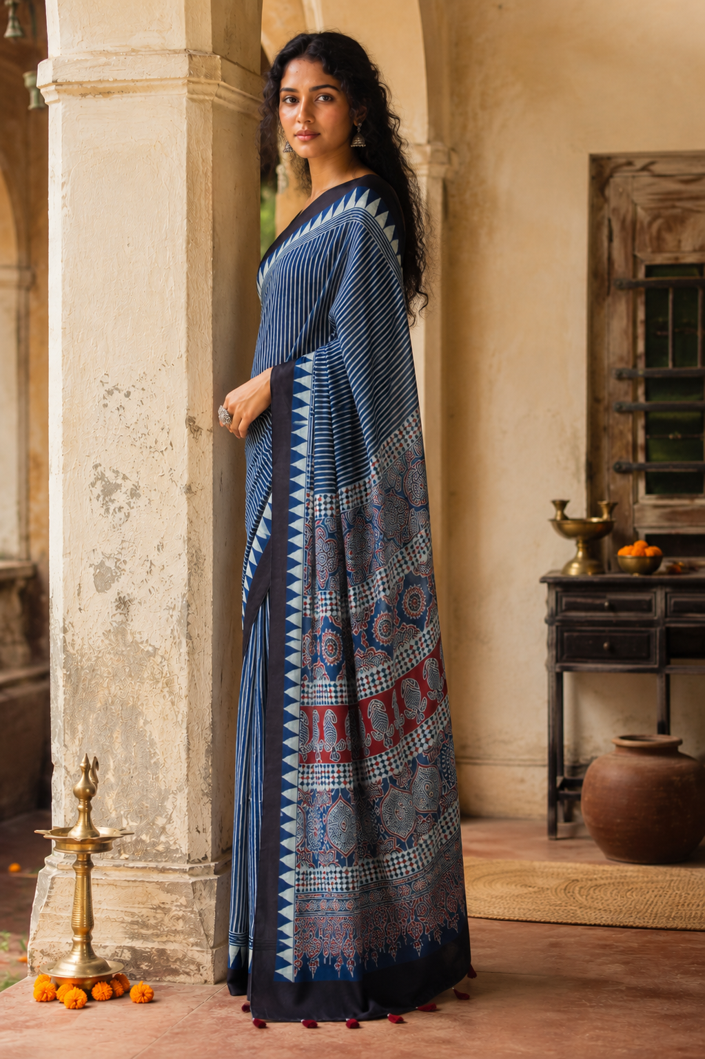 Neelambari — Indigo Ajrak-Inspired Modal Saree | Awadhalaya
