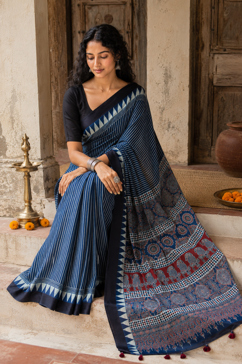 Neelambari — Indigo Ajrak-Inspired Modal Saree | Awadhalaya