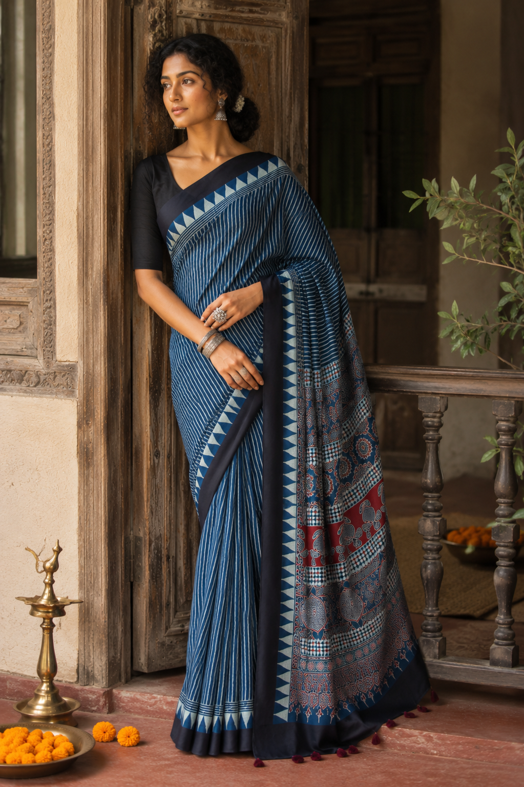 Neelambari — Indigo Ajrak-Inspired Modal Saree | Awadhalaya