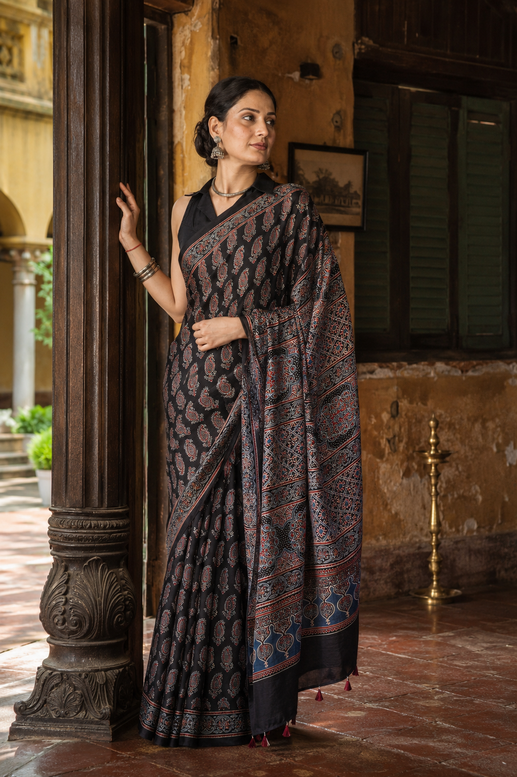 Shyama — Black Ajrakh-Inspired Modal Saree | Awadhalaya
