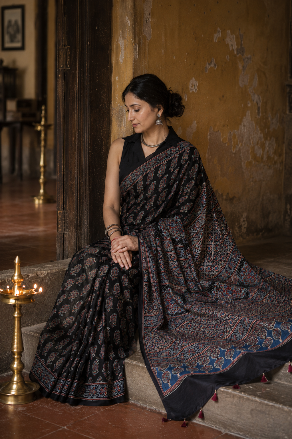 Shyama — Black Ajrakh-Inspired Modal Saree | Awadhalaya