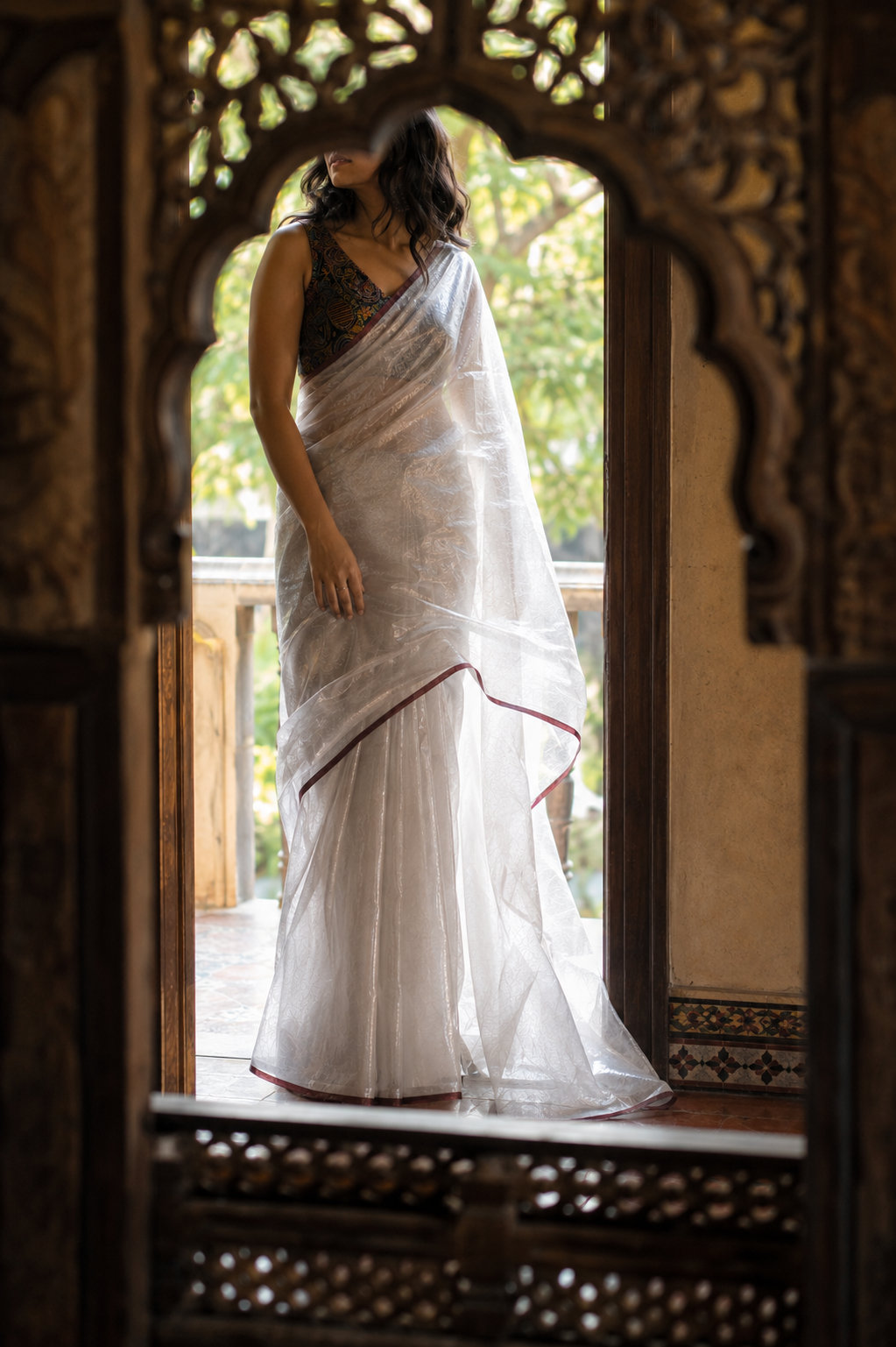 Chandrika — Silver Tissue Saree with Maroon Border | Awadhalaya