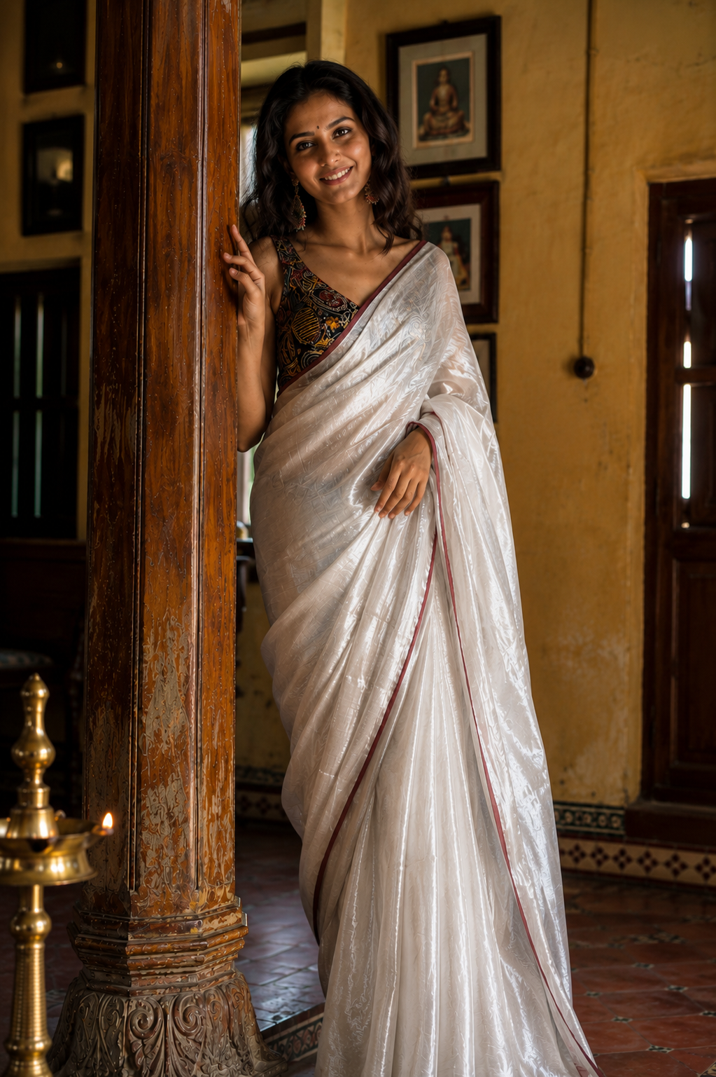 Chandrika — Silver Tissue Saree with Maroon Border | Awadhalaya