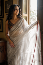 Chandrika — Silver Tissue Saree with Maroon Border | Awadhalaya