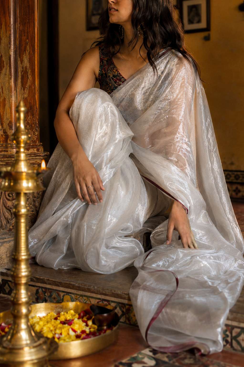 Chandrika — Silver Tissue Saree with Maroon Border | Awadhalaya