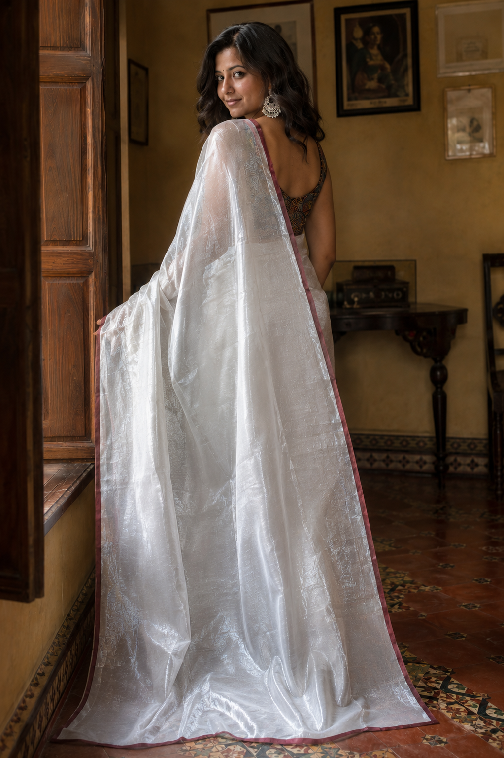 Chandrika — Silver Tissue Saree with Maroon Border | Awadhalaya