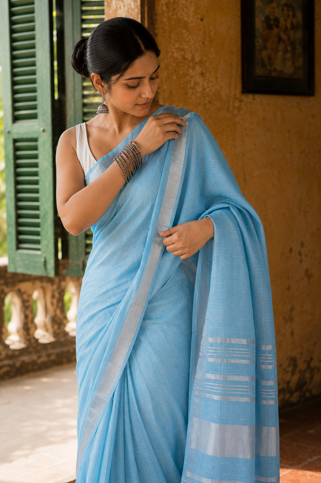 Akasha — Sky-Blue Linen Saree with Silver-Toned Border | Awadhalaya