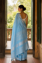 Akasha — Sky-Blue Linen Saree with Silver-Toned Border | Awadhalaya