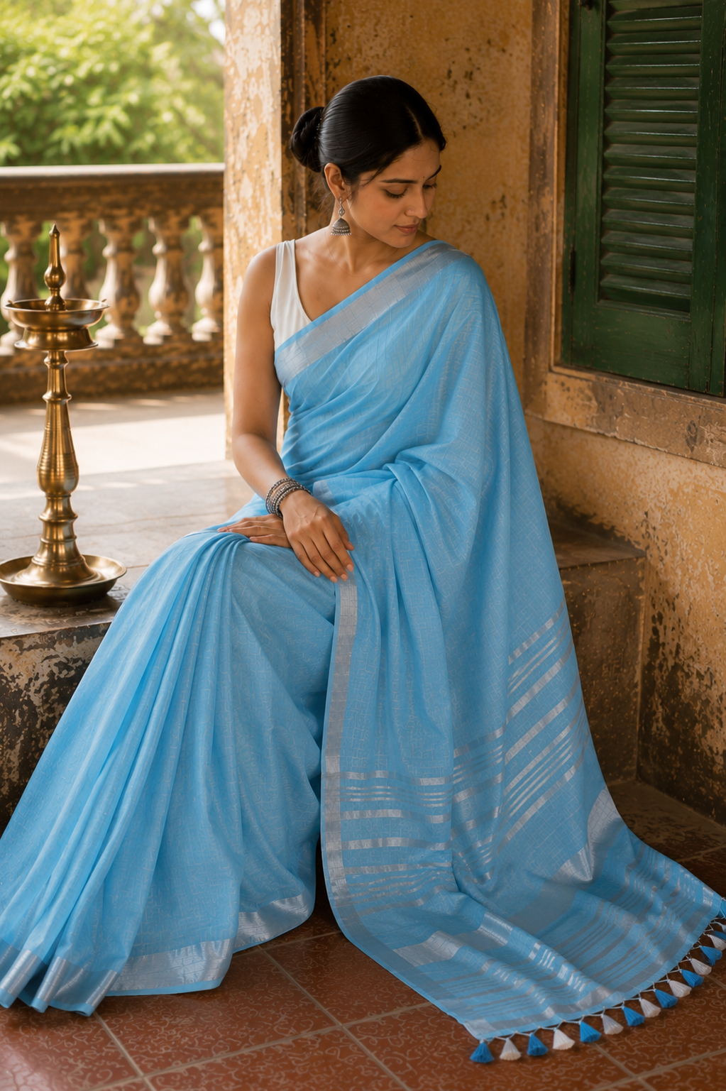 Akasha — Sky-Blue Linen Saree with Silver-Toned Border | Awadhalaya