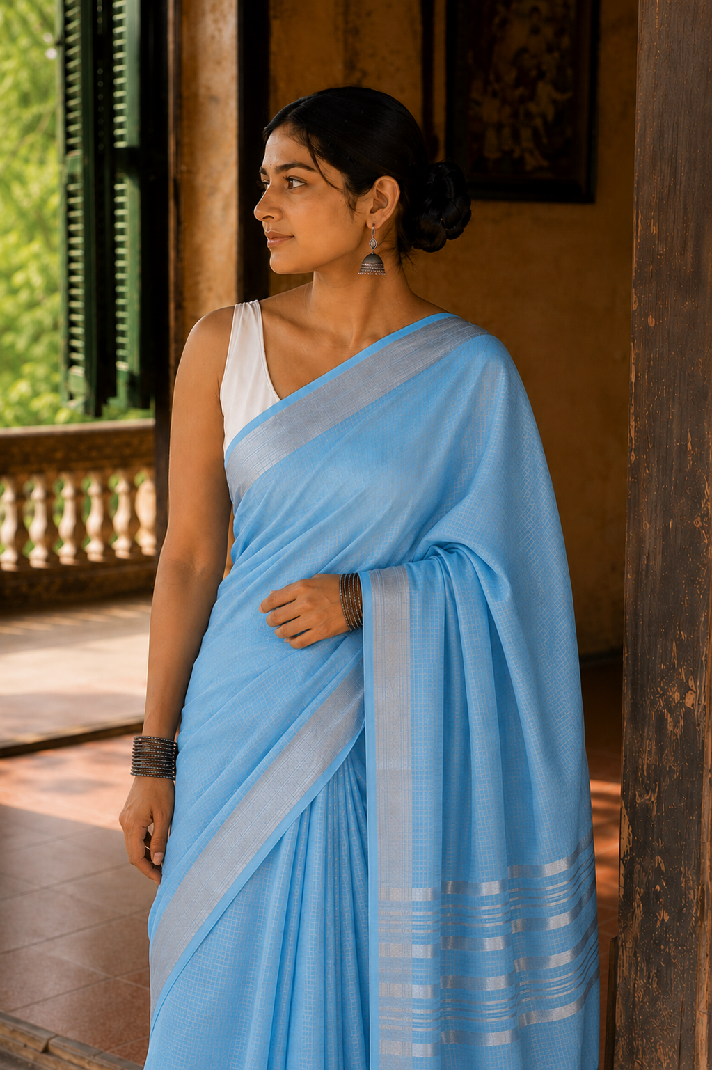 Akasha — Sky-Blue Linen Saree with Silver-Toned Border | Awadhalaya