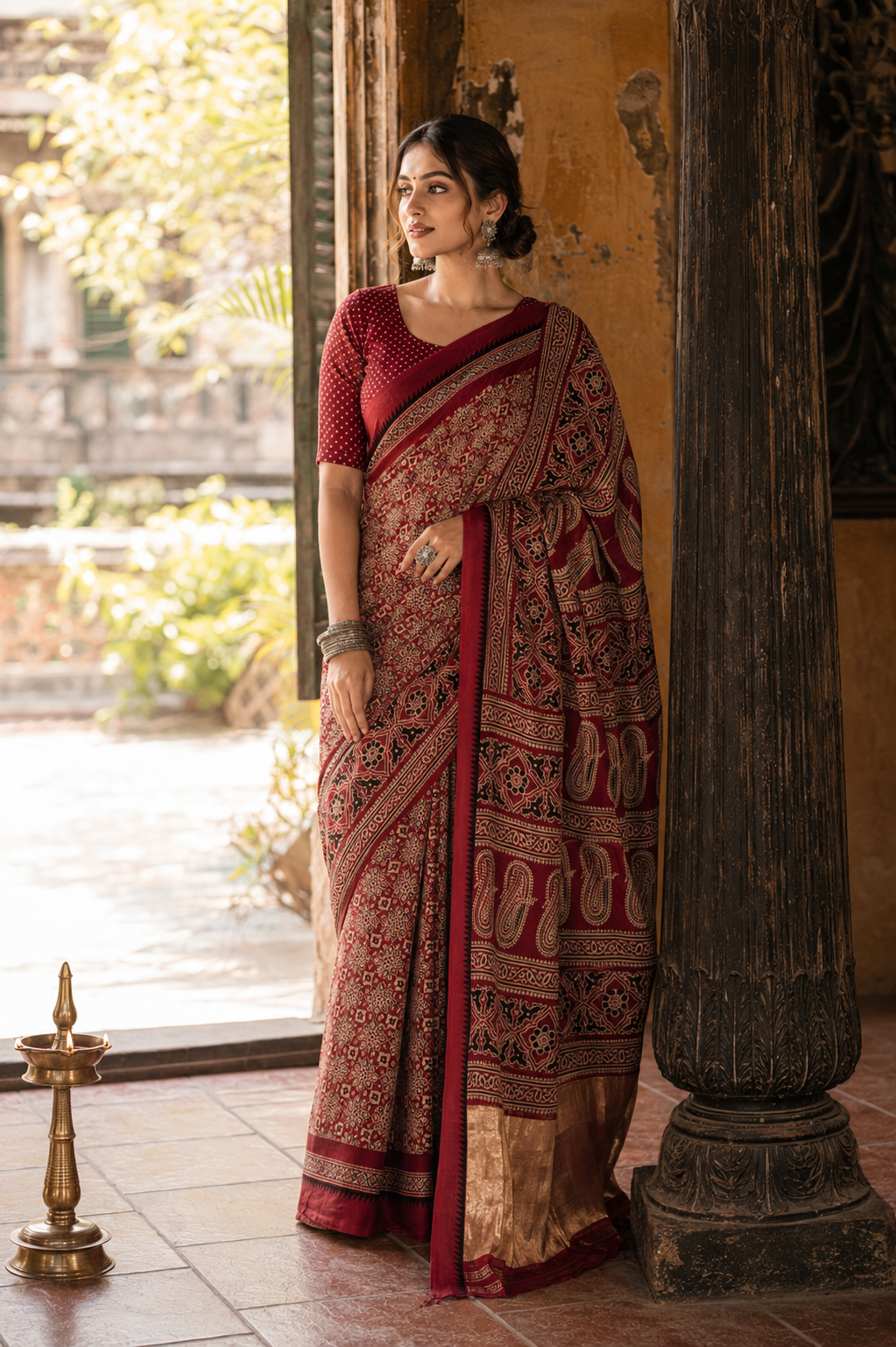 Aruna — Ajrakh-Inspired Modal Saree, Gold-Toned Pallu | Awadhalaya