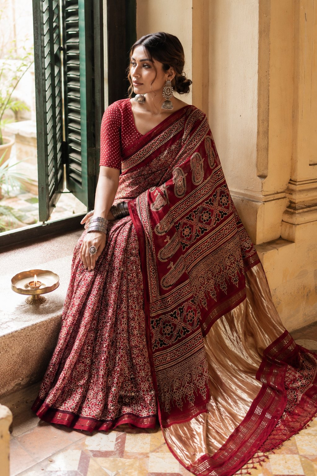 Aruna — Ajrakh-Inspired Modal Saree, Gold-Toned Pallu | Awadhalaya